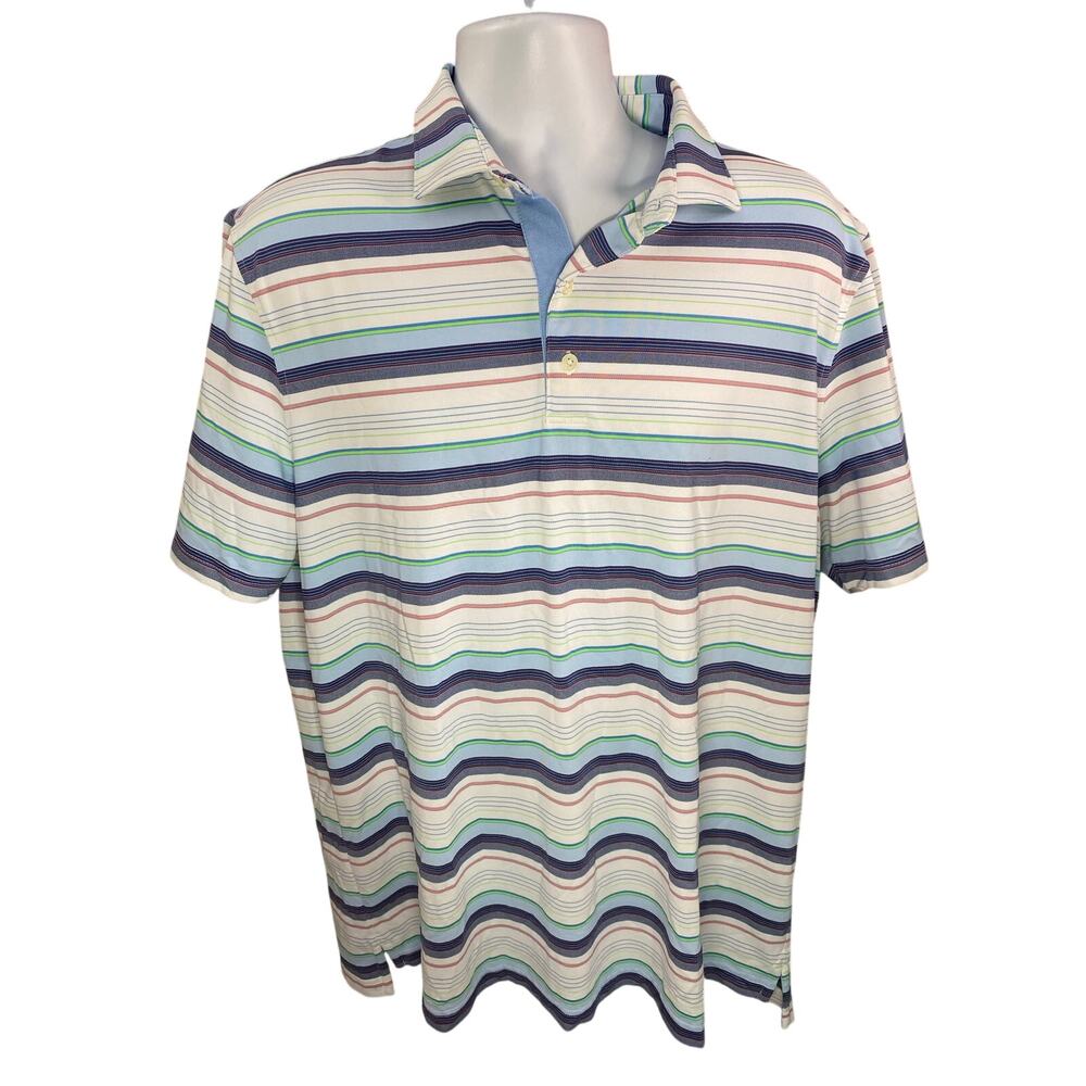 Johnnie-O Mens XL Polo Shirt Prep-Formance White Blue stripe  Performance Golf